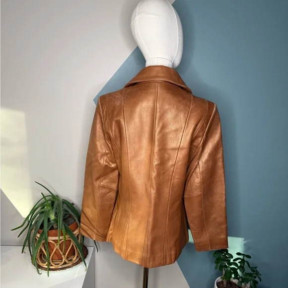 Jones New York Cognac Leather Jacket M Fitted Y2K Zip Tailored Caramel Blazer - Picture 6 of 14